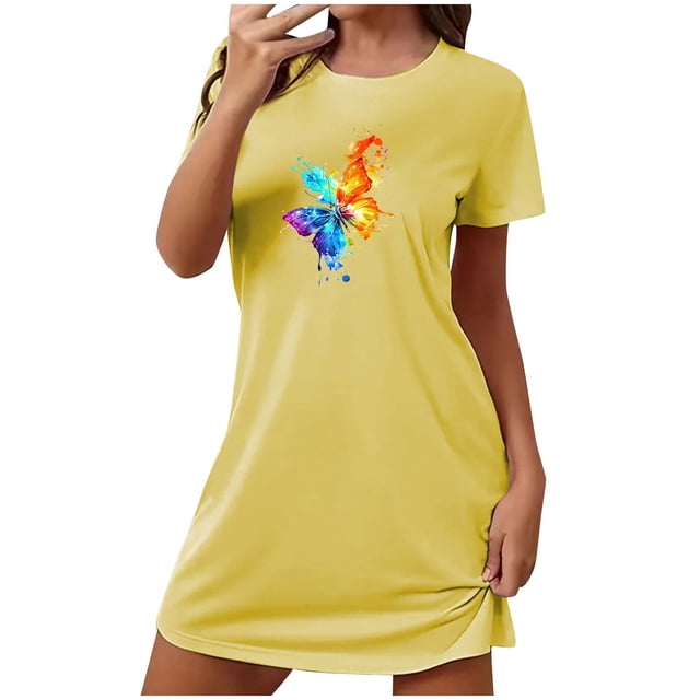 Mrat Jupe de Pyjama Douce pour Femmes Robe de Nuit Manches Courtes Chemise de Nuit Décontractée Imprimée Robe de Nuit Ample Confortable S-97 Jaune G