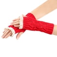 thumbnail image 1 of Jusqu'à 10$ Gants Mitaines Rouges pour Femmes Hiver Dentelle Tricotée Acrylique Fil Creux Demi-Doigts, 1 of 4