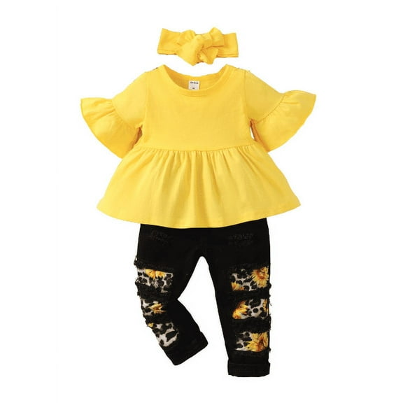 Mikrdoo Baby Girls Outfits Pagoda Sleeve Tops Sunflower Ripped Jeans Pants Headband 3Pcs Clothes Set For Spring Fall Yellow 3-6 Months