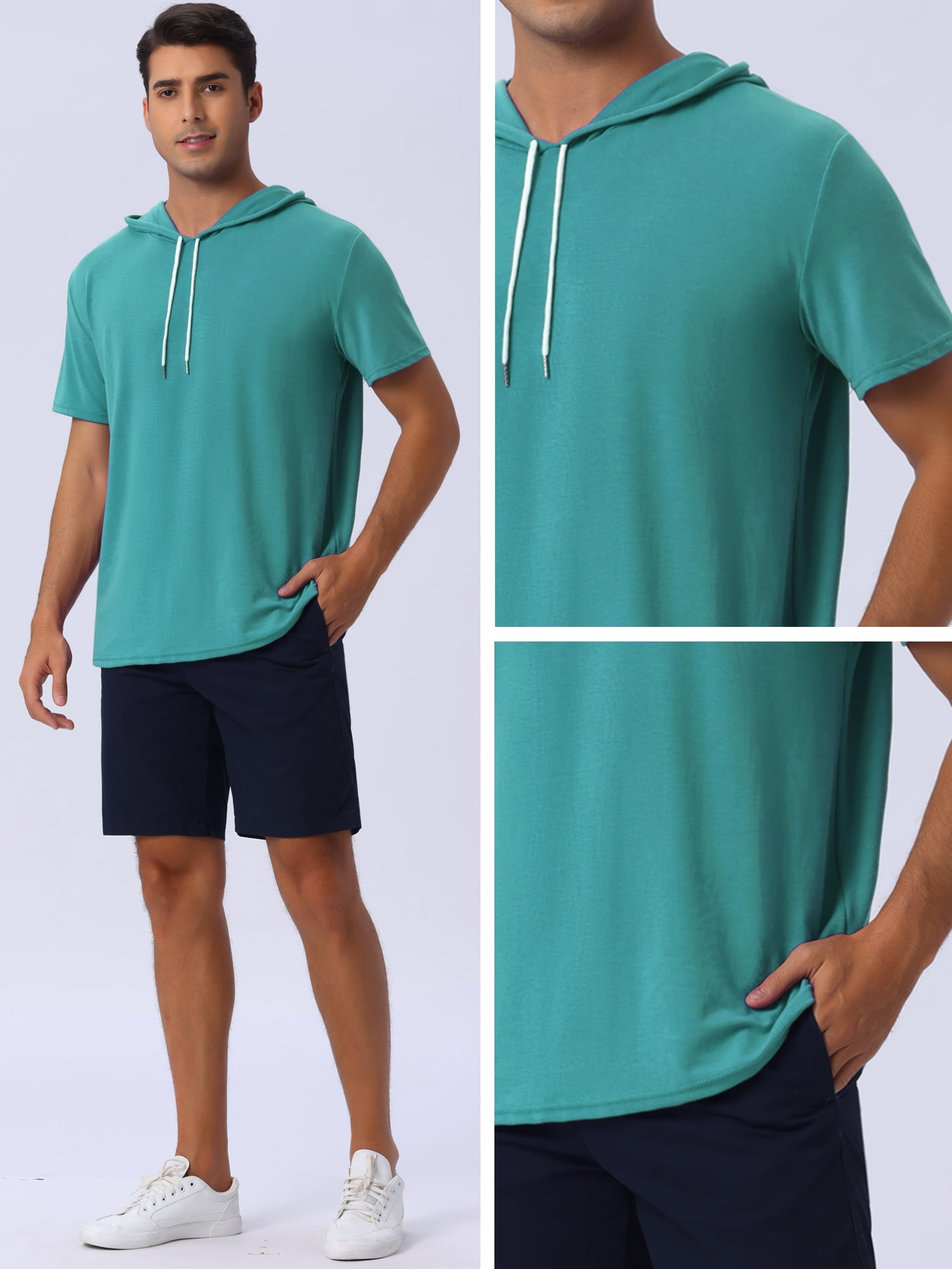 DARING DIVA Men's Casual Short Sleeve Pullover Drawstring Hooded T-Shirt 2XL Dark Green