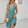 thumbnail image 4 of YYDGH Women's Sleeveless Solid Dress Casual Crochet Lace Trim V Neck Mini Dress Elastic Waist Pleated Dresses with Pockets Green XXL, 4 of 9