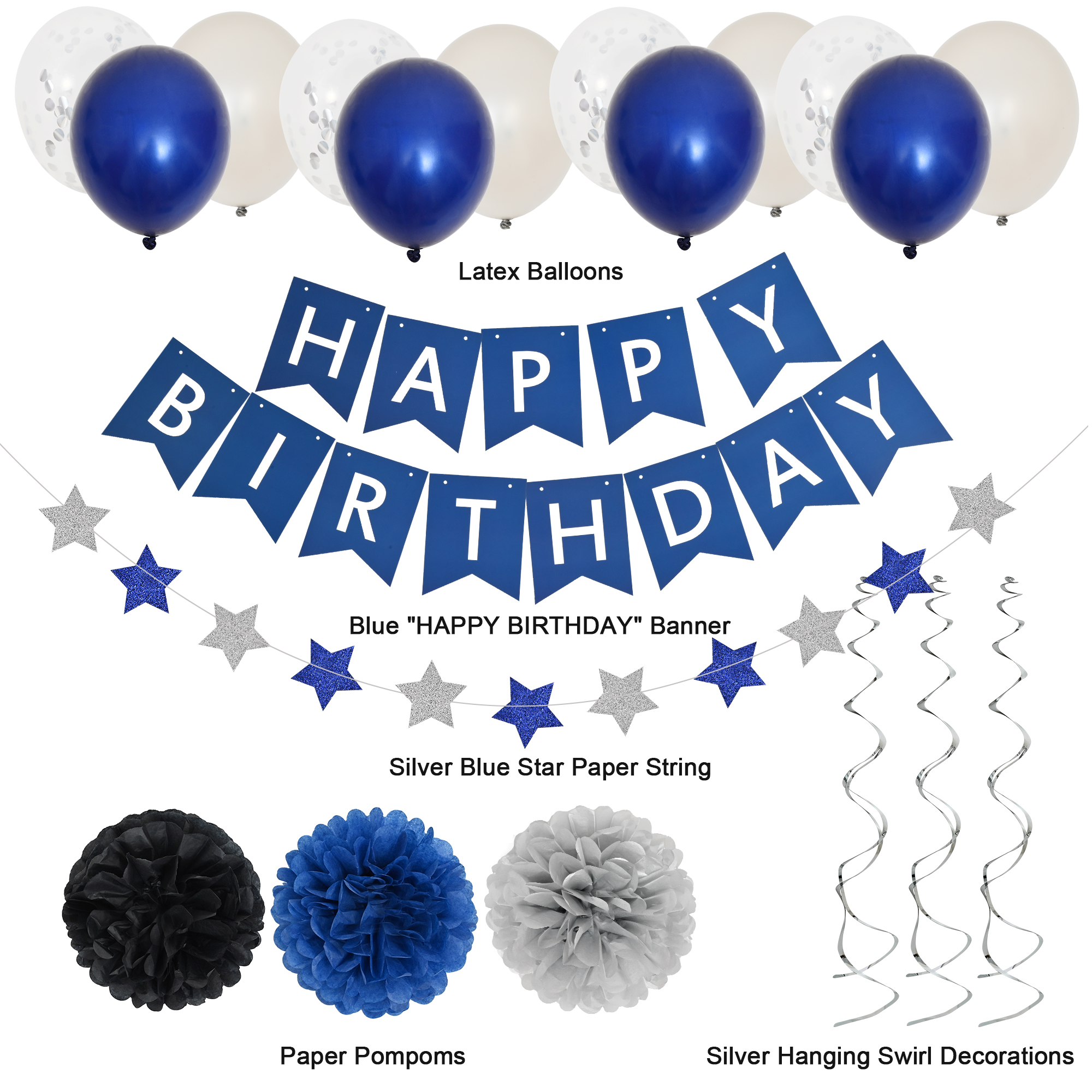 Birthday Party Decoration Silver Blue for Mans Boys, Balloons, Happy Birthday Banner, Fringe Curtain - image 4 of 7