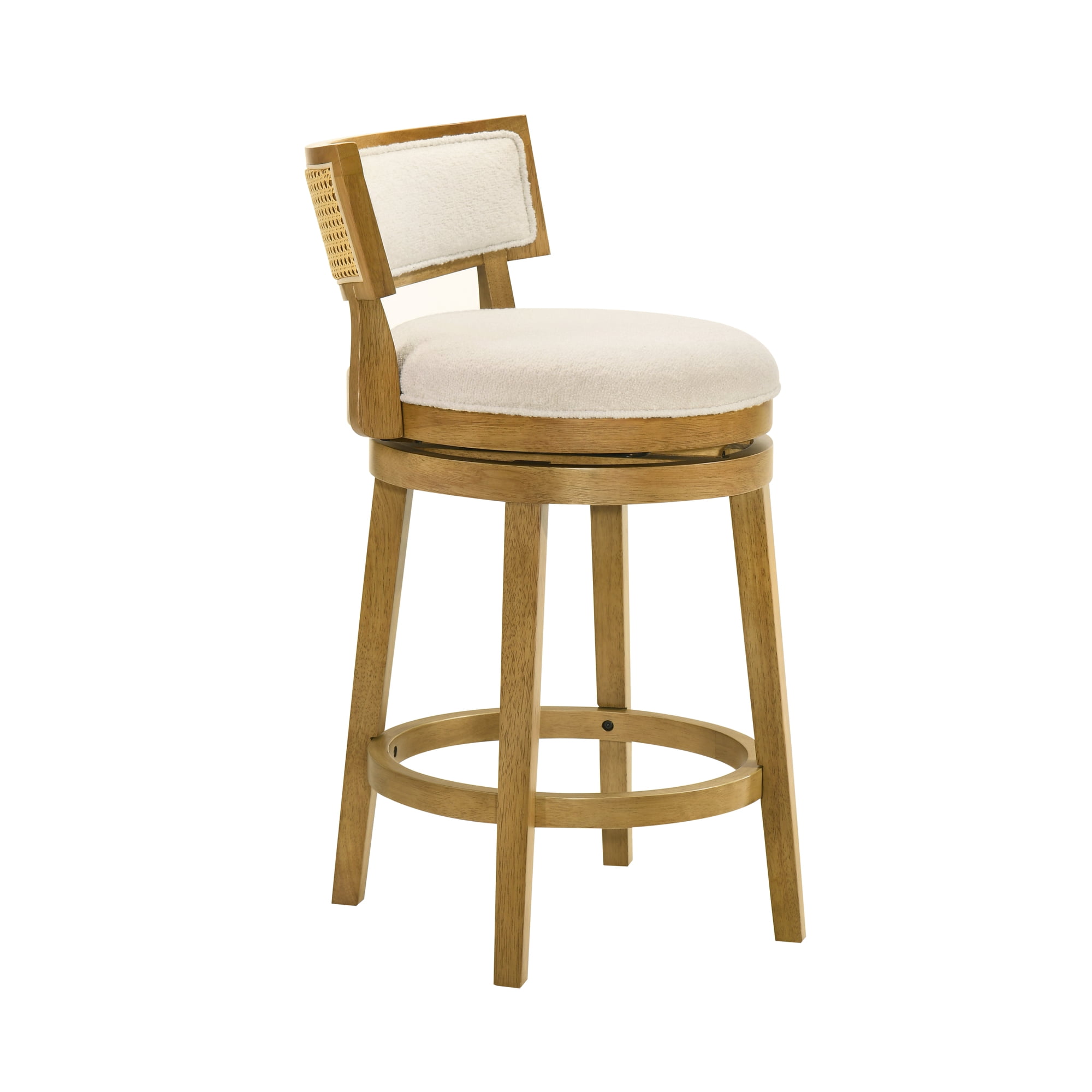 Noely Modern Farmhouse Swivel Wood Counter Height Kitchen Bar Stool in Amber Glow Finish with White Boucle Fabric Upholstered Seat - Set of 4