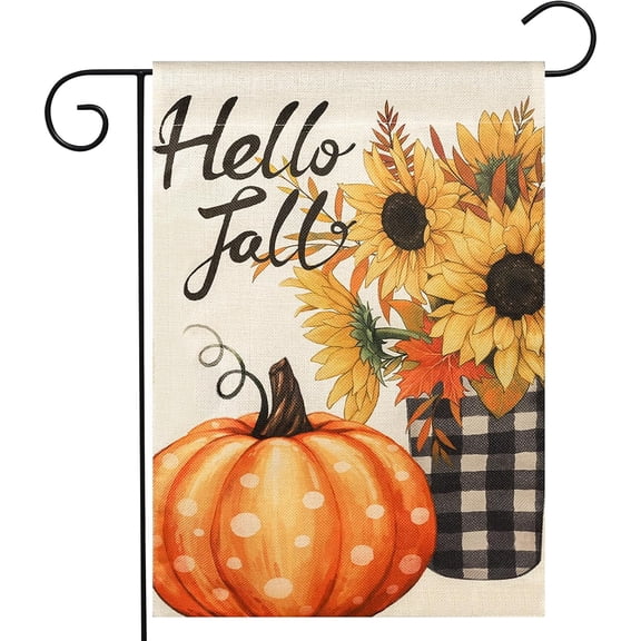 Shmbada Hello Fall Garden Flag 12x18 Vertical Double Sided Autumn Leaves Thanksgiving Holiday Outside Decorations Burlap Yard Flag