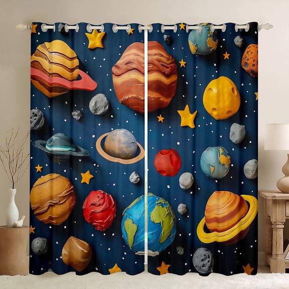 Manfei Colorful Planet Curtains Pack of 2 (42x84 Each),Oil Painting Aesthetic Curtains Blackout,Cartoon Stars Print Bedroom Curtains For Boys Kids,Microfiber Bedroom Decor