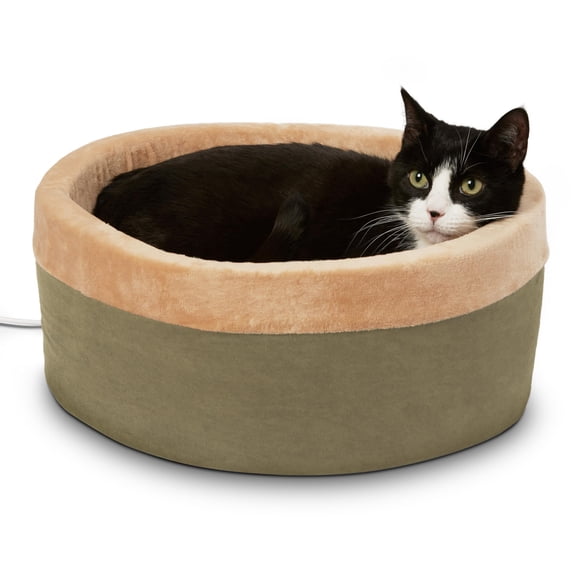 K&H Pet Products Thermo-Kitty Bed Heated Cat Beds for Indoor Cats & Dogs, Calming Warming Pillow Pet Bed, Machine Washable, Removable Heater, Safety Listed - Small 16" Round Sage/Tan