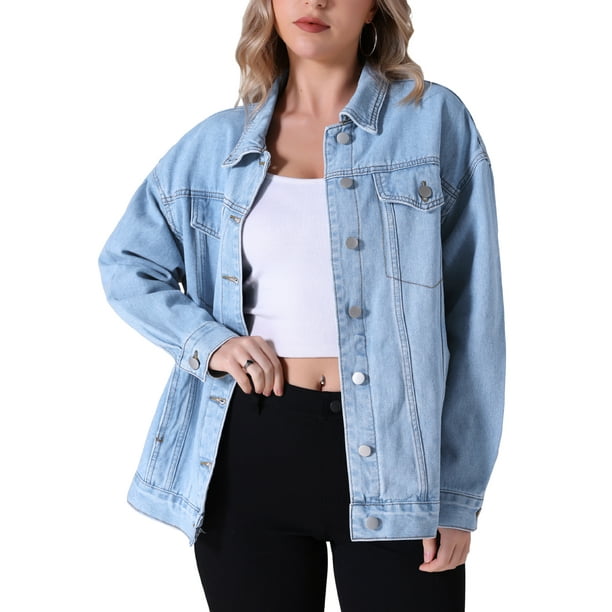 Chaqueta de mezclilla de manga larga y botones para mujer INSPIRE CHIC, oversized, con bolsillos, color azul claro, talla M