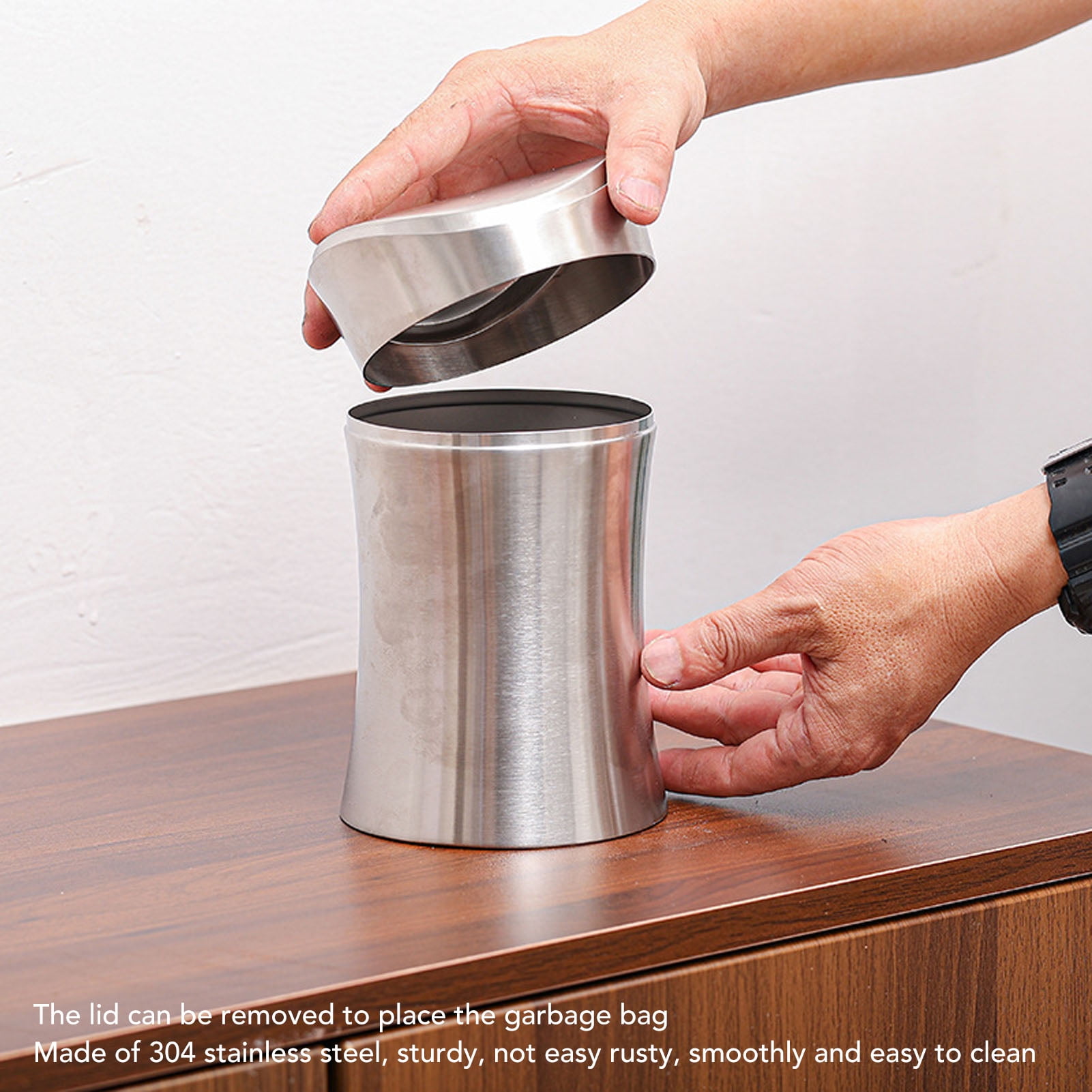 BIMZUC Stainless Steel Desk Trash Can with Swing Lid, 1.2 Gallon Small Wastebasket for Office, Bathroom, and Kitchen Countertop, Brushed Nickel