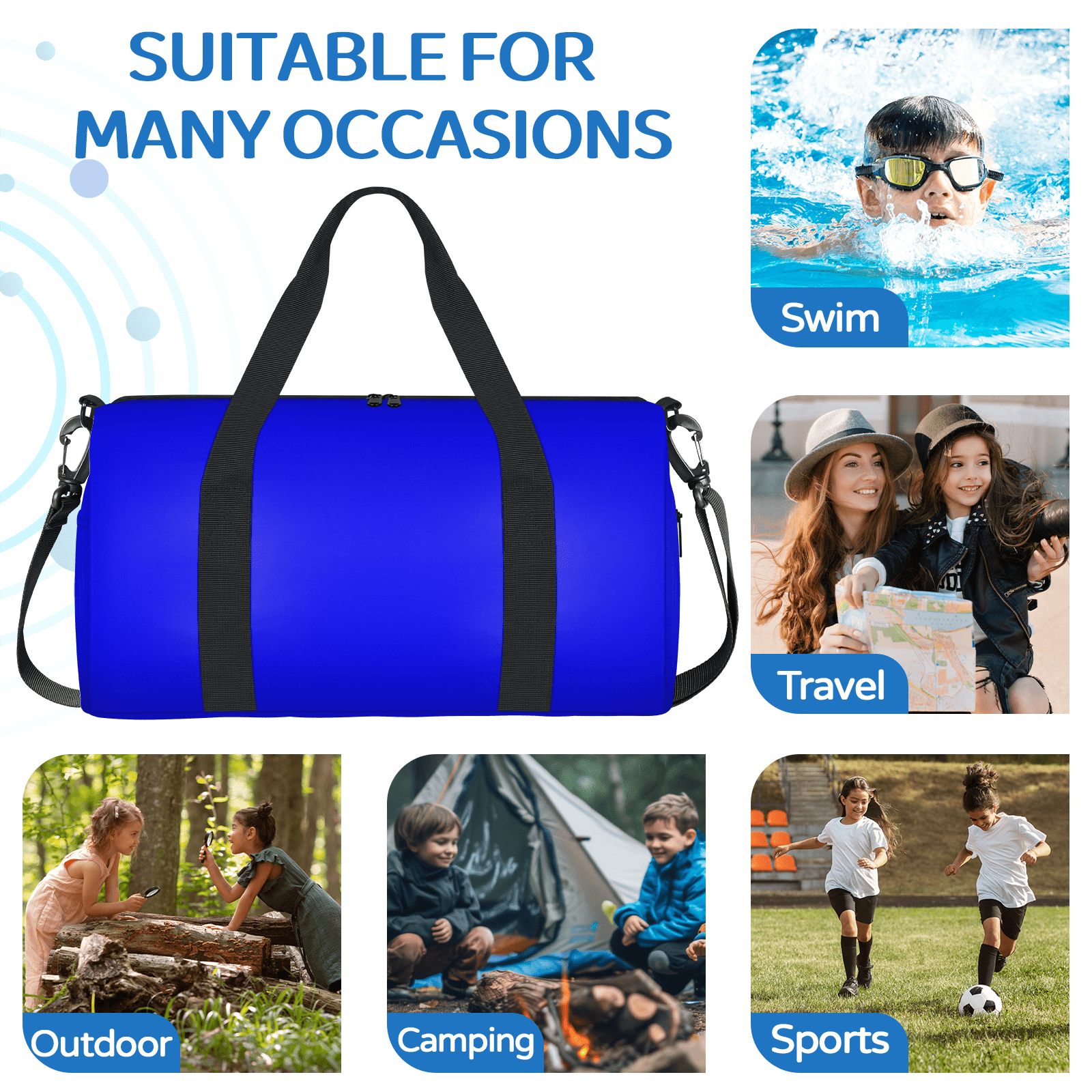 Herdesigns Blue Travel Duffle Bag Sports Yoga Weekender Overnight Carry on Workout Bags Lightweight Waterproof Gym Tote Bag for Women