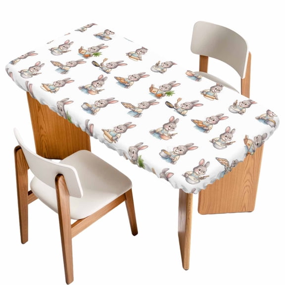 Funny Rabbits Table Cloths for 3 Foot Rectangle Tables, Abstract Bunny Cooking Watercolor Patio Waterproof Elastic Fitted Tablecloths, Washable Rectangular Table Cover for Camping
