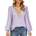 thumbnail image 2 of Womens Casual V Neck Puff Sleeve Tops Lace Patchwork Breathable Soft Comfy Long Sleeve Pullover Loose Mesh Shirt, 2 of 6