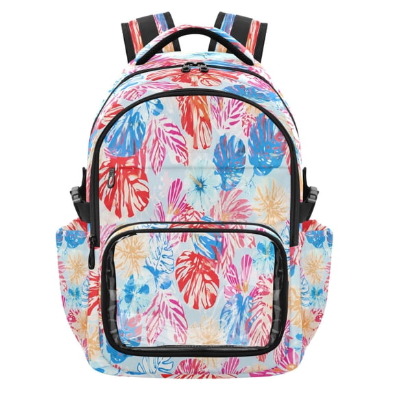 Qxltty Watercolor Palm Leaves Backpack School Bookbag with Clear PVC Front Pocket, Laptop Compartment, Water Resistant Travel Daypack for Students