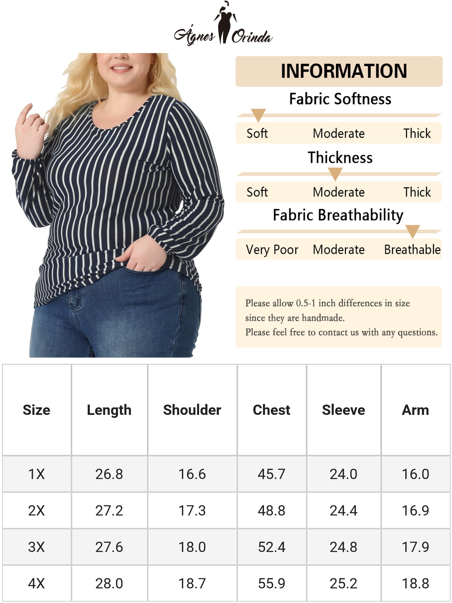 Unique Bargains Women's Plus Stripe Round Neck Elastic Cuff Long Sleeve Tops 2X Navy Blue