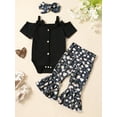 thumbnail image 2 of FEORJGP Toddler Baby Girl Summer Outfits Infant 0-2Y Off Shoulder Rompers Ribbed Knit Jumpsuit Solid Color Button Bodysuit Flower Print Flare Pants Headband Newborn 3Pcs Loose Casual Cute Clothes Set, 2 of 9