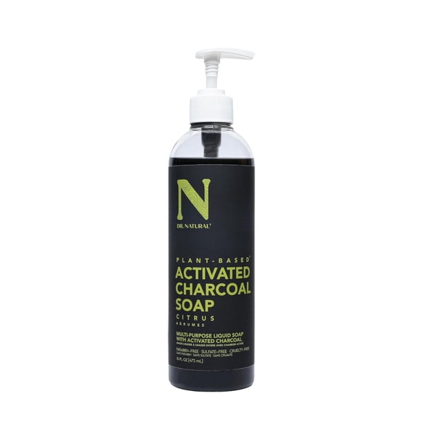 Dr. Natural Jabón Líquido Carbón Activado con Extracto de Aceite de Naranja 473 ml. Cara y Cuerpo. 100% Orgánico. Acción Exfoliante Reduce Poros y Grasa. Todo Tipo Piel. Hipoalergénico.