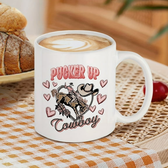 1pc Funny Valentine's Day Cowboy Themed Coffee Mug, Insulated Ceramic 11oz Beer Stein, Round Graphic Reusable Cup, Microwave Safe, Hand Wash Only - Ideal Multipurpose Gift for Girlfriend