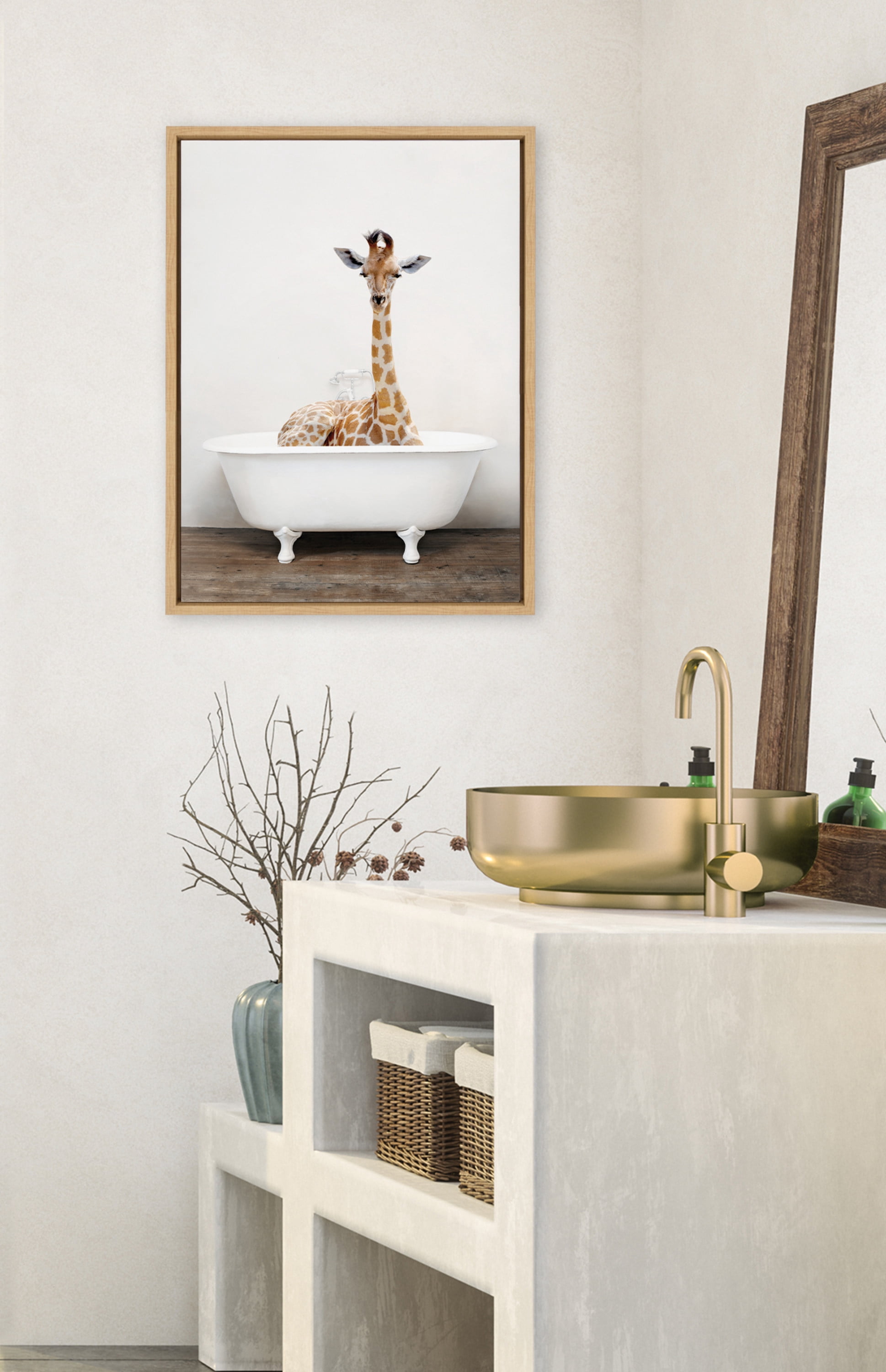Kate and Laurel Sylvie Giraffe 2 in the Tub Color Framed Canvas Wall Art by Amy Peterson Art Studio, 18x24 Natural, Modern Fun Decorative Bathtub Wall Art for Home Décor