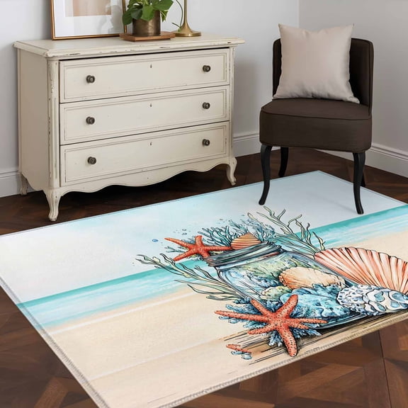 3'x5' Area Rugs, Coastal Beach Indoor Outdoor Area Rug for Living Room Bedroom, Summer Ocean Starfish Coral Shells Washable Bathroom Rugs Kitchen Floor Carpet Mats Home Decor Aesthetic