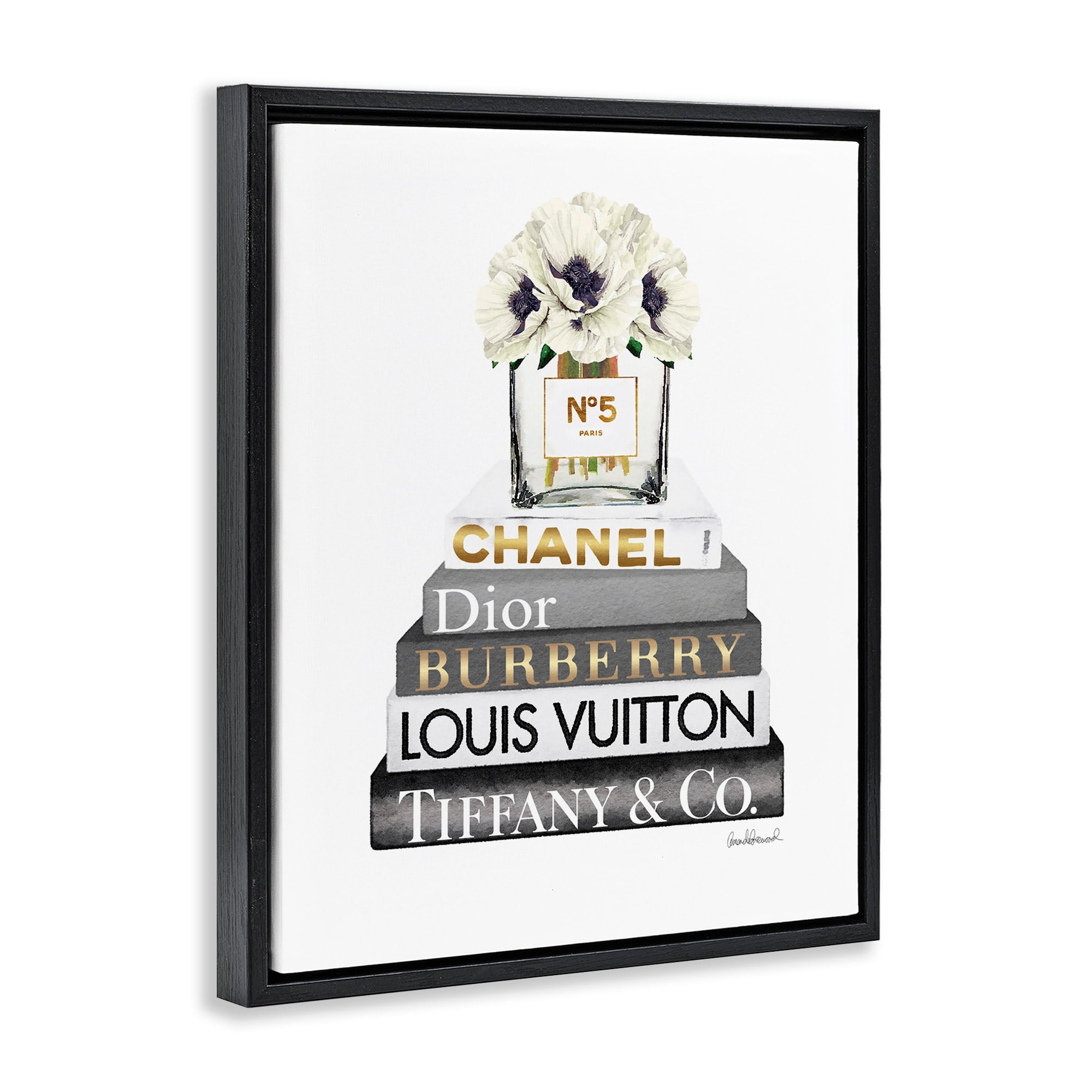 Stupell Industries Blooming White Floral Display on Glam Designer Bookstack Jet Black Framed Floating Canvas Wall Art, 16x20, by Amanda Greenwood