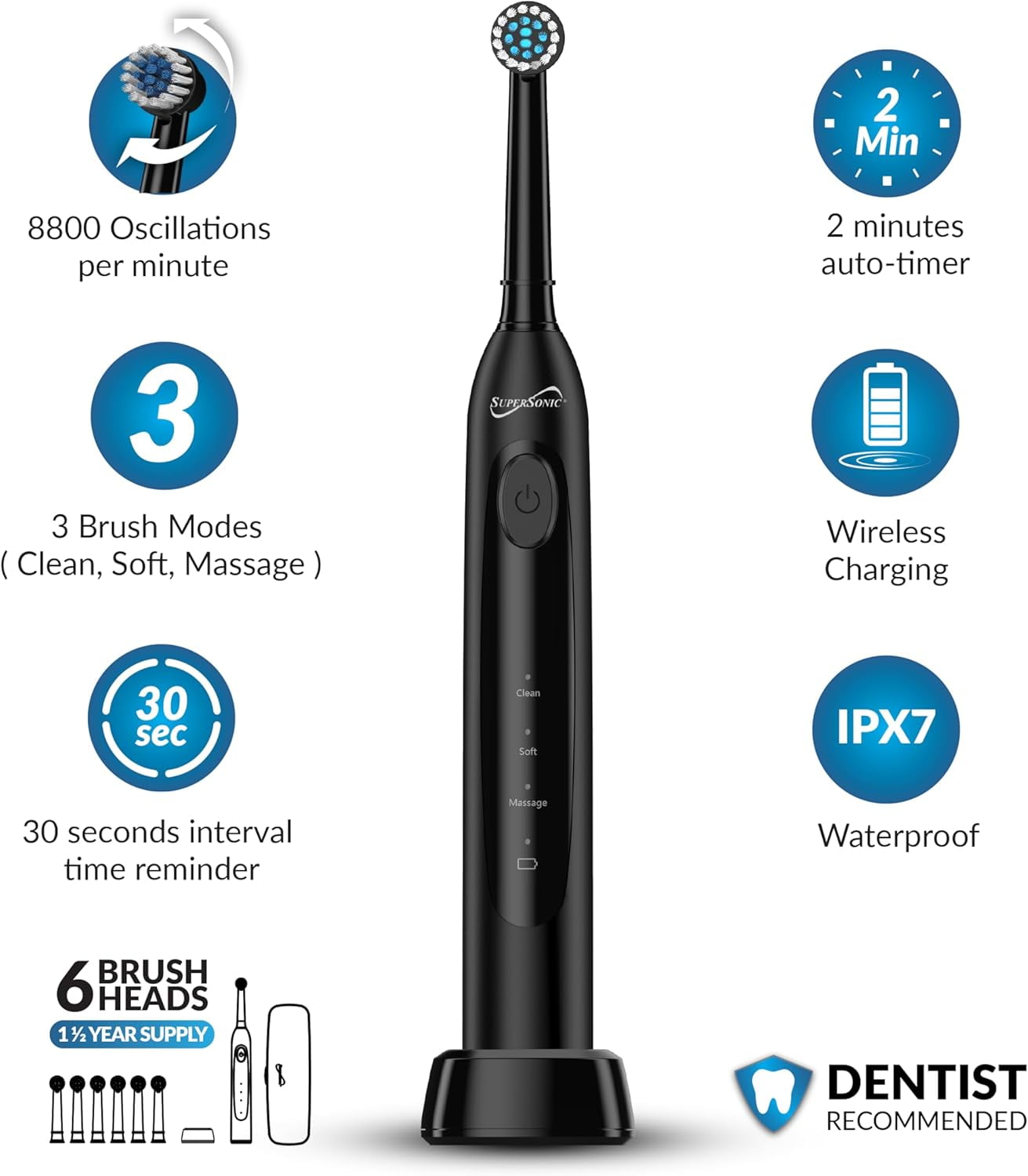 Supersonic TB-1000 Sonic Zoom+ Advanced Rotating Electric Toothbrush, 8,800 OPM, Wireless Charging, 6 Brush Heads, 3 Mod