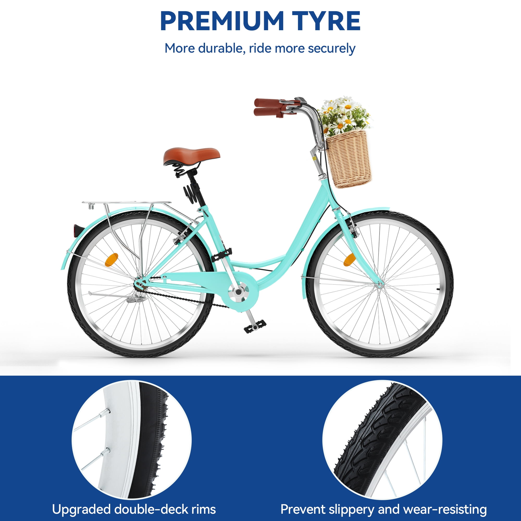 Uforic 24" Beach Cruiser Bike – Single-Speed Adult's Bicycle, Adjustable Seat in Mint Green