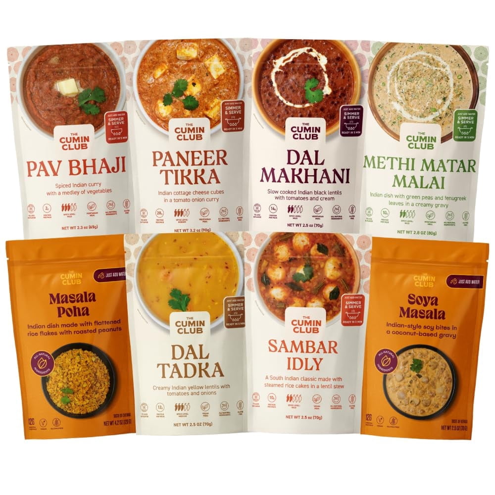 The Cumin Club Variety Pack | 8 Authentic Indian Meals | Ready in 5 Minutes, Just Add Water | All-Natural, No Preservatives | Vegetarian-Friendly