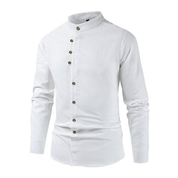 IYTR Mens Button Up Shirts Long Sleeve Solid Color Stand Collar Casual Shirts (White,L)