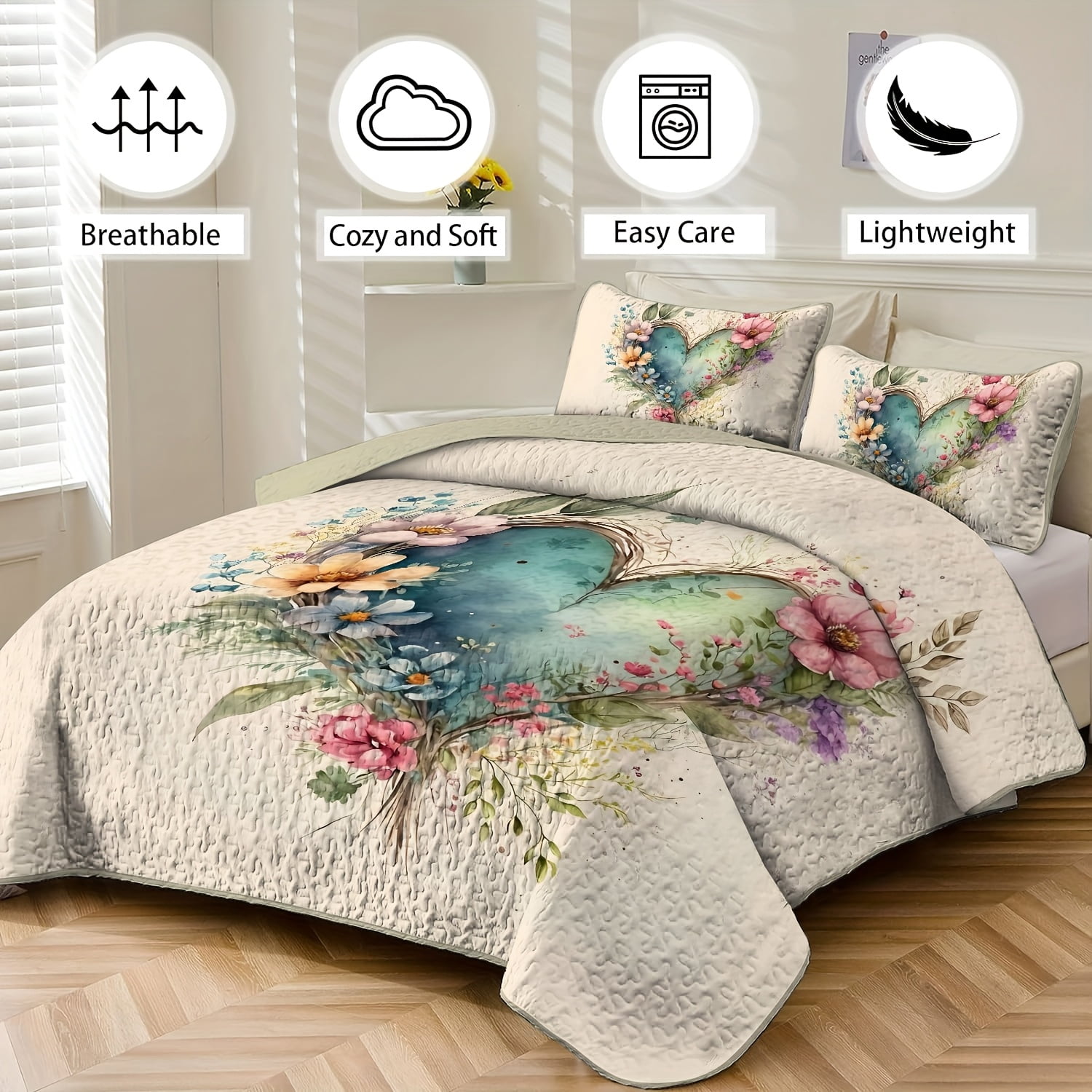 Flymme Quilts for Queen Bed,3 Piece Watercolor Floral Botanical Bedspread Coverlet Set，Heart Shape Flowers Bedding Sets with Pillow Sham for All Season