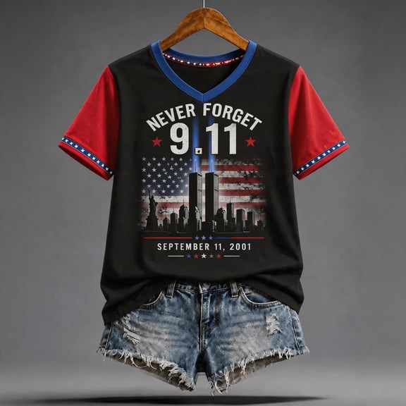 25th Anniversary 9/11 T-Shirt for Women We Will Never Forget Patriotic Memorial Tee September 11 Twin Towers Remembrance Top