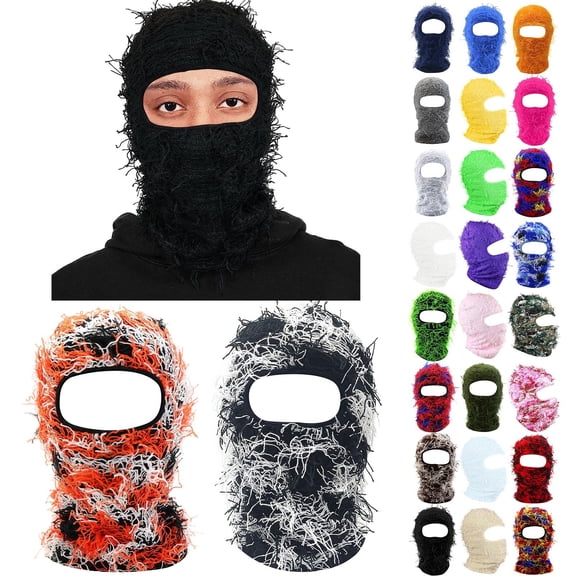 Multicolor Knit Insulated Face Mask Halloween Single Hole Warm Hat Polyester Winter Furry Distressed Balaclava Knitted Windproof Full Face Ski Mask for Women Men A