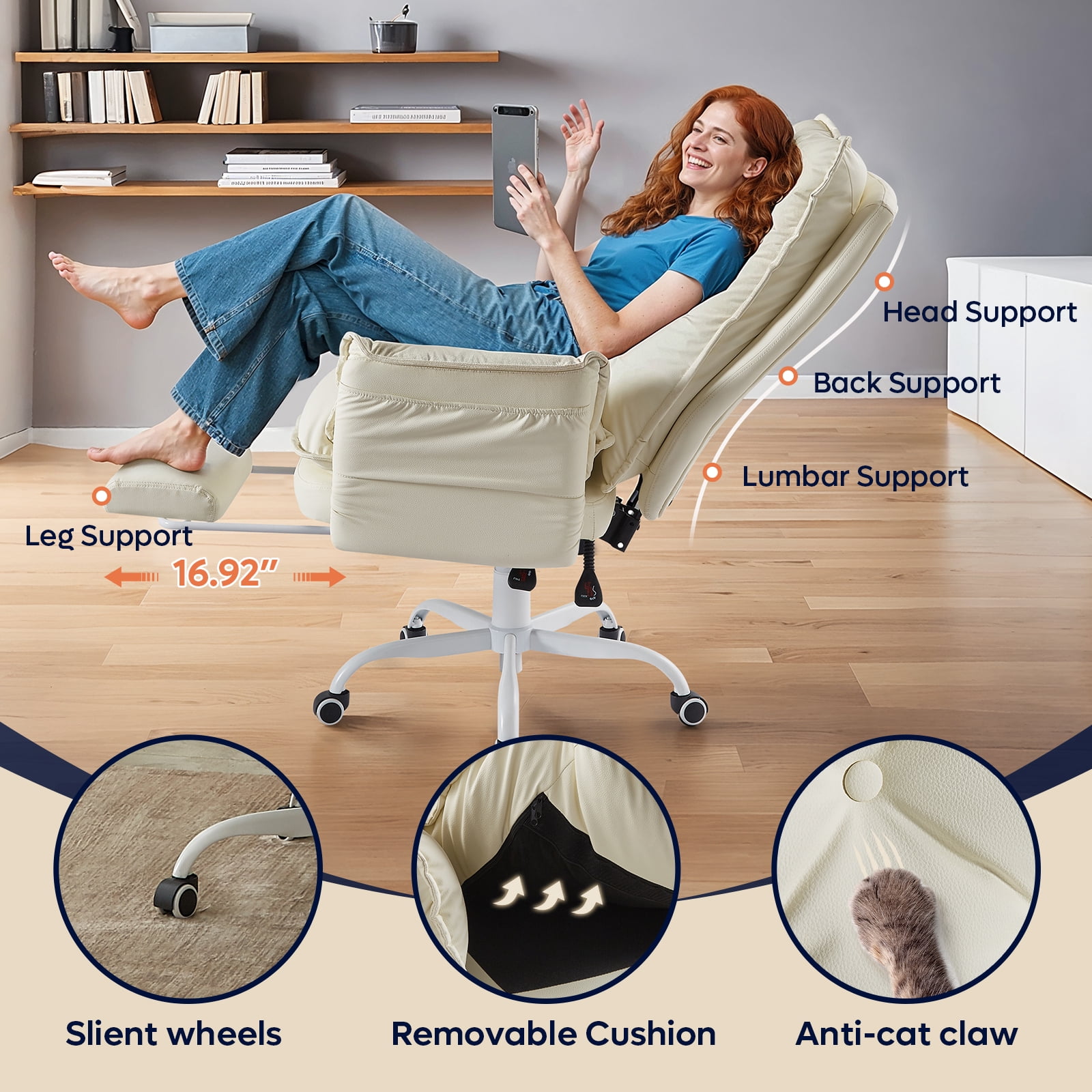 Bestier Big and Tall Executive Office Chair with Footrest and Flip-Up Arms, Ergonomic Reclining High Back Criss Cross Chair with Side Pockets, Height Adjustable, Beige