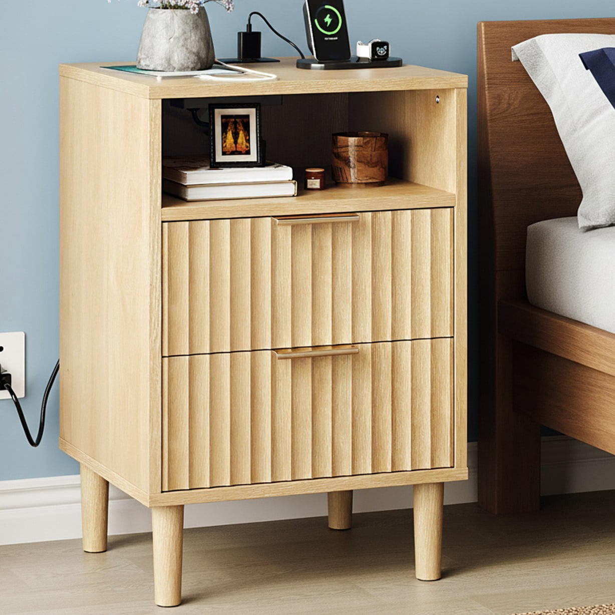 Ktaxon Nightstand with Charging Station, End Table Wooden Bedside Table Large Capacity Easy to Assemble, Wood