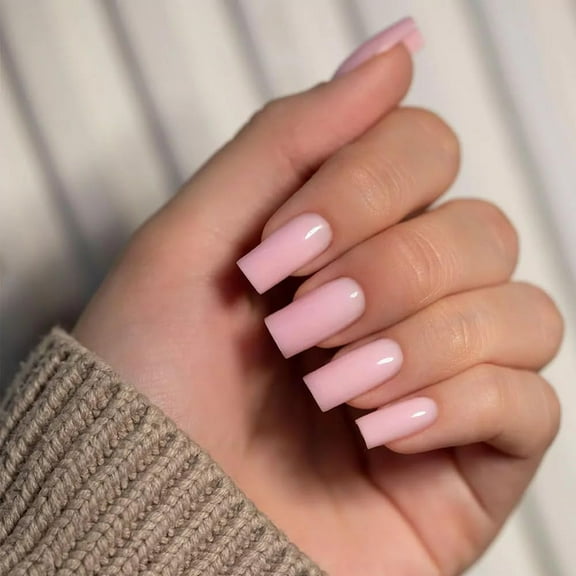 Medium Long Press On Nails Coffin Nails Press Ons Gloss, Pastel Pink Color Full Cover Long Fake Nails For Women Girls,Thick Gel Square Tip Nails Acrylic False Nails Set,24 Pcs