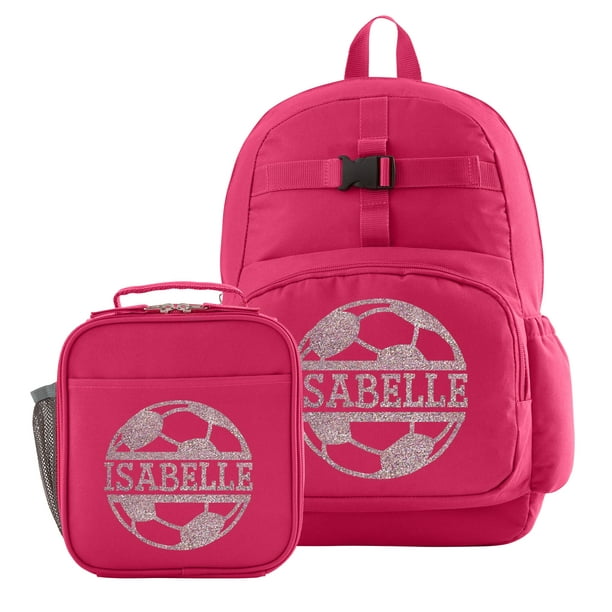 ONLINE Personalized Sporty Sparkle Pink Backpack + Lunchbox Set Soccer