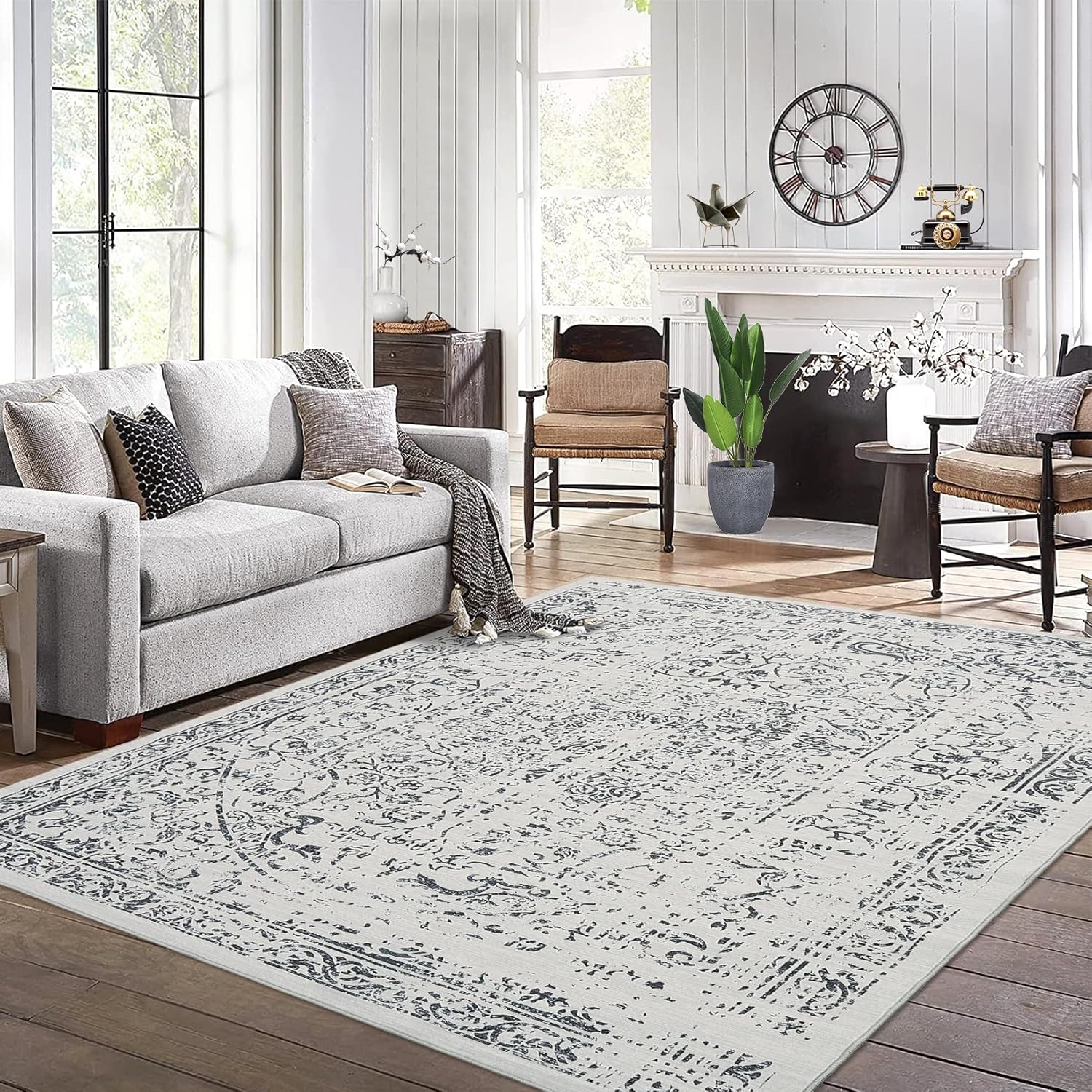 Area Rug 8x10 Washable Rug Grey Vintage Rug Traditional Floor Cover Thin Rug Retro Indoor Distressed Non Slip Carpet Floral Print Mat Dining Room