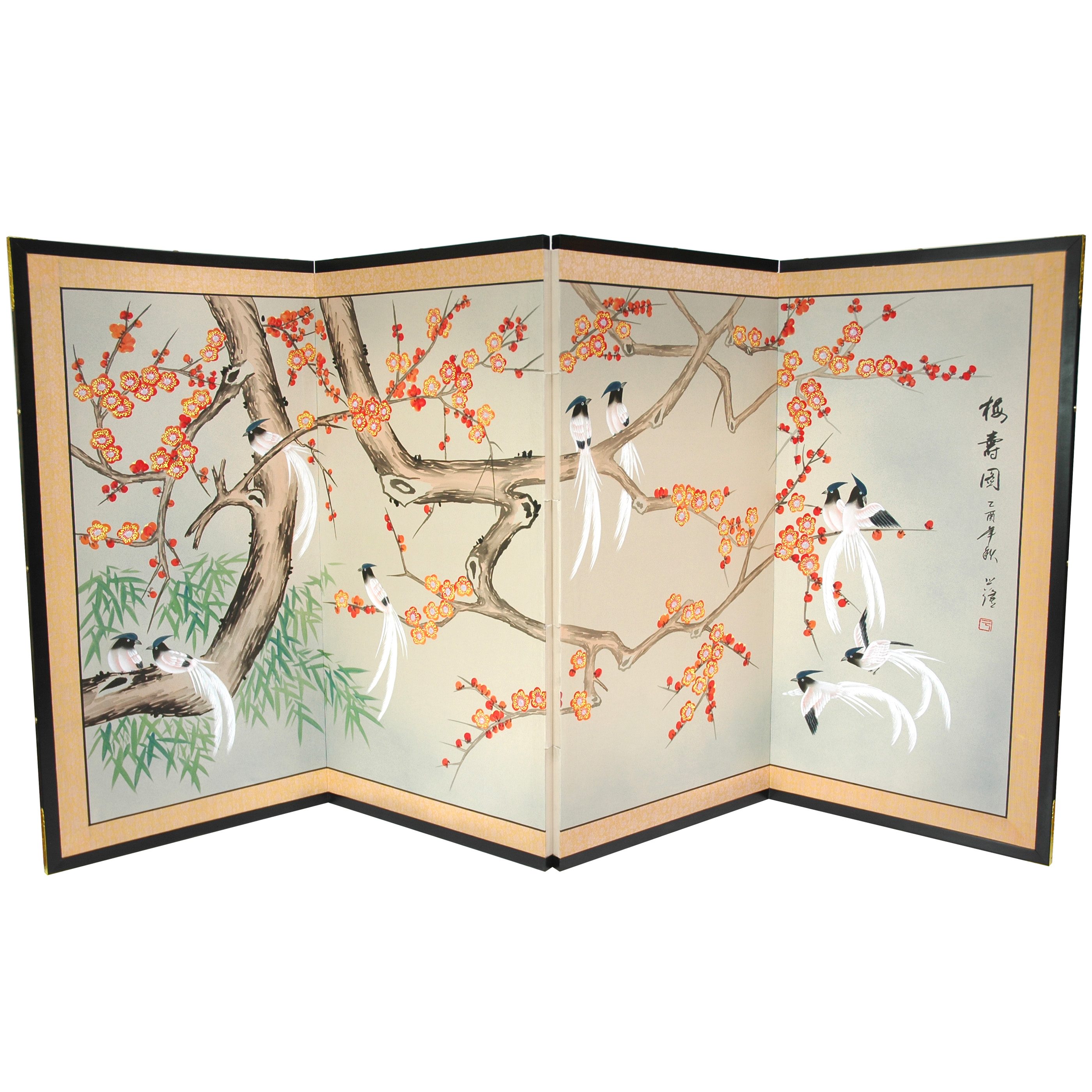 6ft. Long Handpainted Chinese Silk Wall Art Screen - Love Birds Plum Blossoms