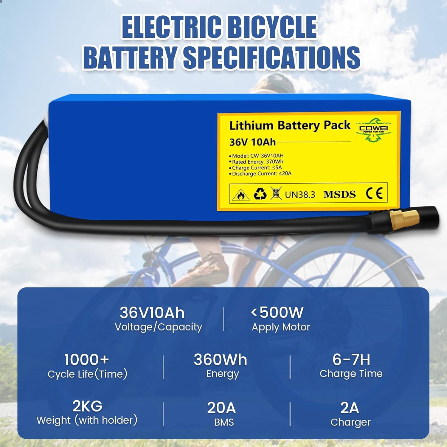 36V Ebike Battery for Electric Bike Bicycle 36v 10ah Lithium BatteryPack for Scooter 36 Volt Lithium Battery for Electric Bike Replacement 20A BMS for 350w 500w 750w Motor 42v 2A Charger B-2