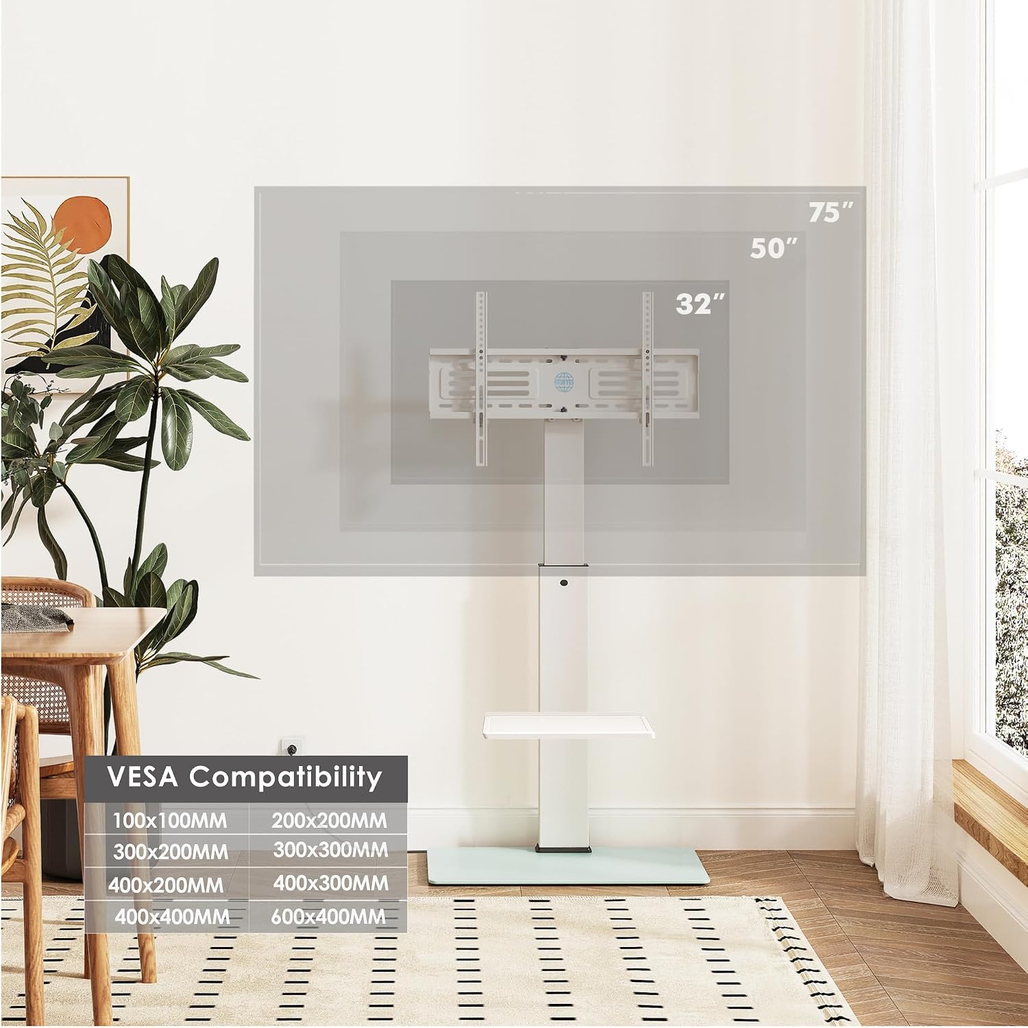 FITUEYES Floor TV Stand for 32–75 Inch TVs, White, Power Outlet, Swivel Mount