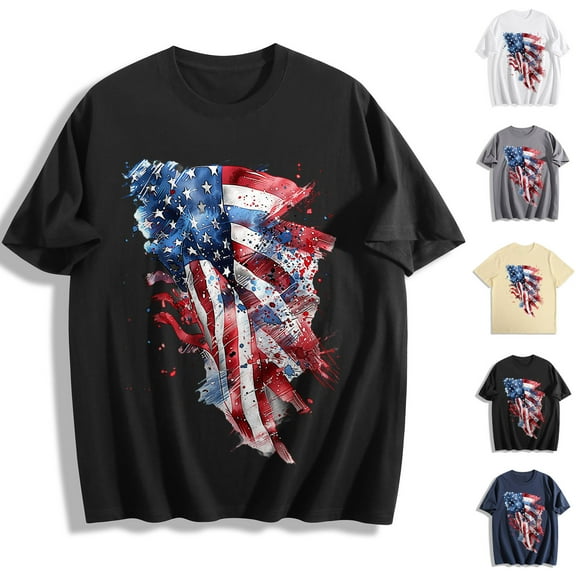 Nmnitkp Mens Shirts Crew Neck Cotton American Flag Shirts Men: 4th of July Patriotic T-Shirt USA Print Independence Day Tee Casual Tops Black,S