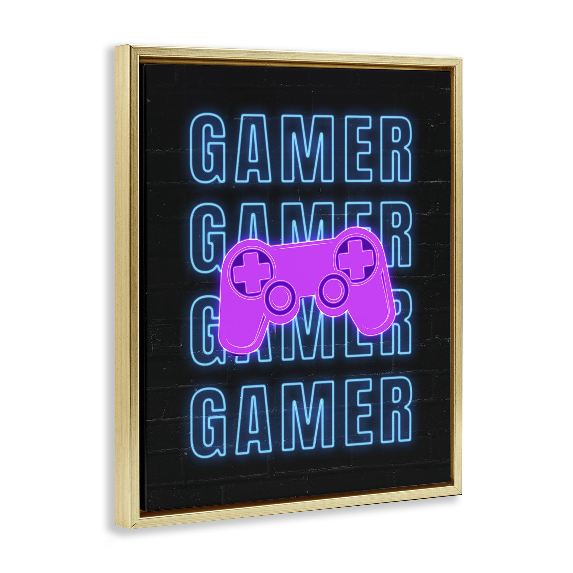 Stupell Industries Neon Gamer Words Typography Painting Gold Floater Framed Art Print Wall Art, 25 x 31
