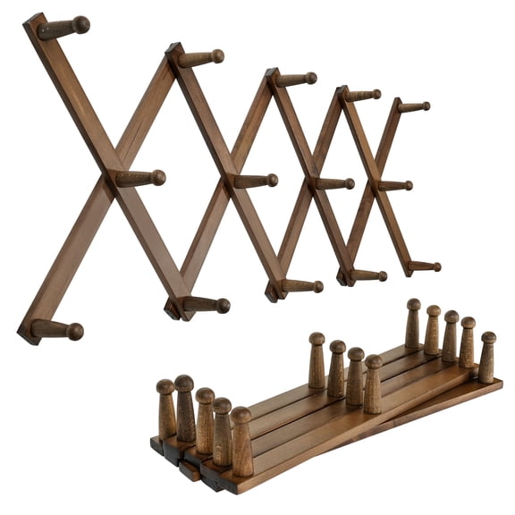Dseap Accordion Wall Hanger,16" High Wooden Expandable Coat Rack,Hat Holder Hooks for Baseball Caps,Mugs,14 Pegs,Walnut