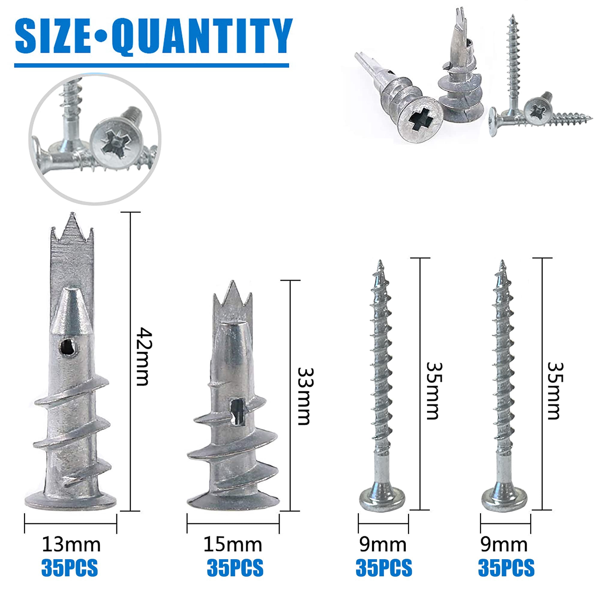 140pcs Plastic Drywall Anchors Self Drilling Hollow Wall Anchors with Screws Assortment Kit (13x42mm + 15x33mm)
