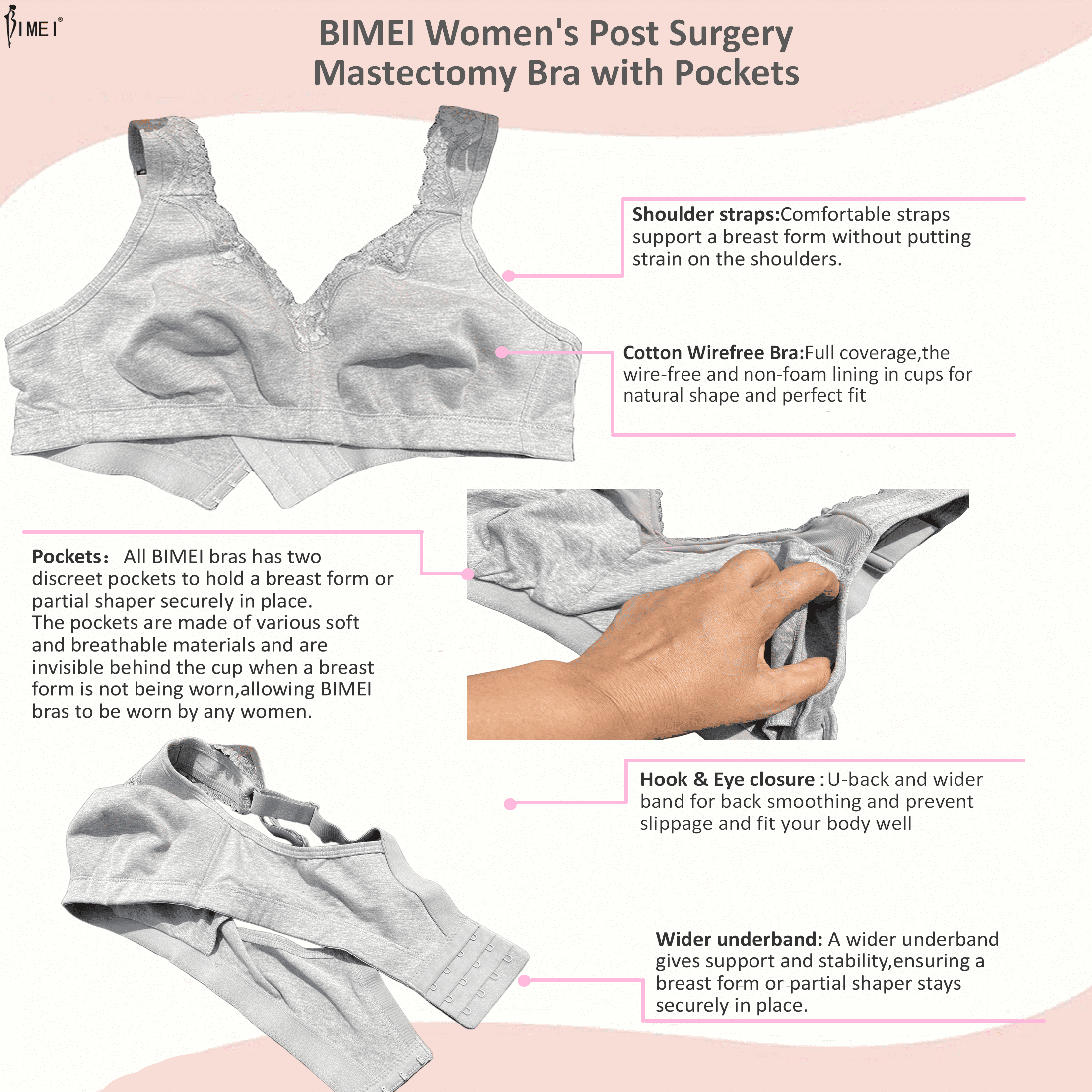 BIMEI Women's Mastectomy Bra Lace Plus Size Full Coverage Non Padded Comfort Cotton Wirefree Bra with Pocket,Grey,36E