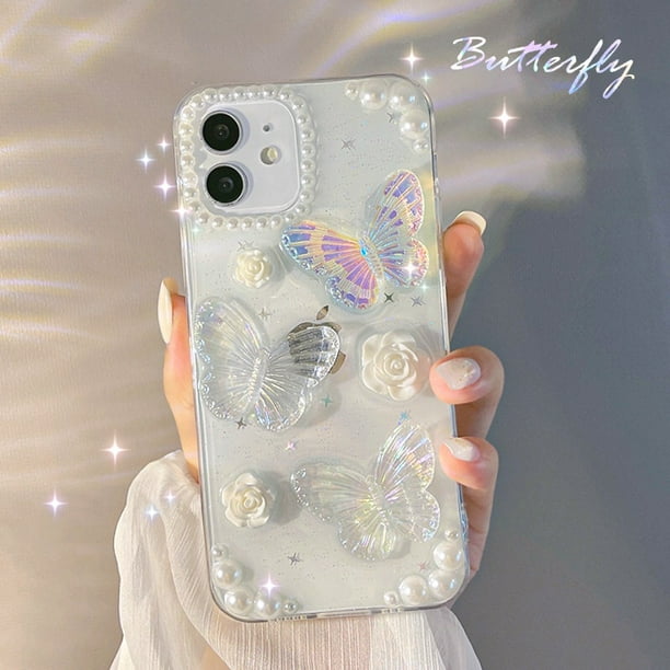Funda De Lujo Bling Pearl Butterfly Para iPhone 11 12 13 14 Pro Max 14 Plus Mini Dispensación Hecha A Mano