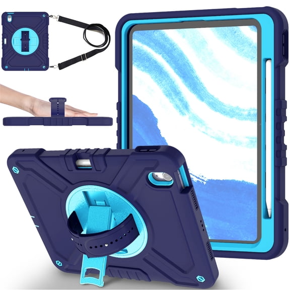 Allytechgroup Case for iPad Air 11 Inch M3 2025/M2 2024 (7th/6th Gen), Heavy Duty Military Grade Shockproof Rugged Protective Cover with Built-in Stand/Pencil Holder Shoulder Strap, Navy Blue