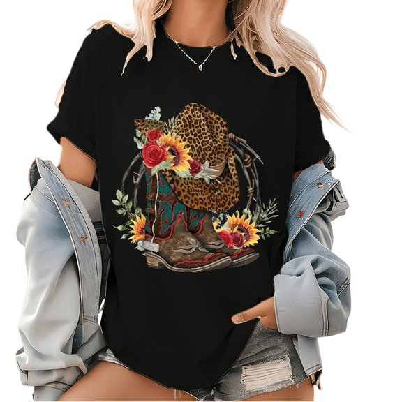 Floral Cowboy Boots Print T Shirt, Cowboy Western Graphic Tops, Cowgirl Leopard Flower Boots Pattern Tee Black,S