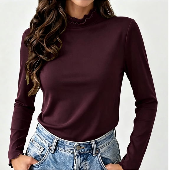 JOANDKMI Long Sleeve Shirts for Teen Girls Mock Neck Ruffle Trim Pullover Fall Fashion Winter Tops Fitted Stretchy Cold Weather Warm Casual Blouses, Size 10-16