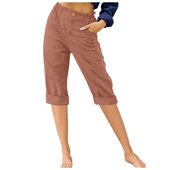 Timegard Womens Capri Pants Straight Leg Elastic Waisted Button Summer Casual Crop Pants with Pockets