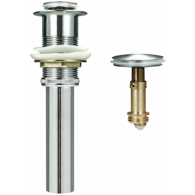 contracanasta solvex fregadero lavabo tapón metal cromado plata, vista frontal del conjunto con cuerpo cilíndrico cromado largo y roscado, tuerca metálica y arandelas blancas, y pieza desarmable dorada con tapa redonda cromada tipo tapón pop-up; fondo blanco.