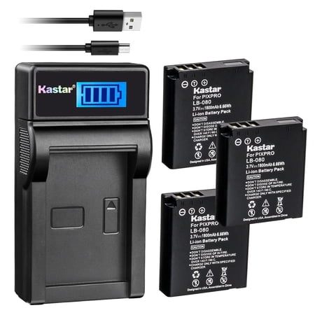Kastar 3-Pack Battery + LCD USB Charger for Kodak LB-080 Spare Battery Kodak PIXPRO SP360 4K PIXPRO ORBIT360 4K VR Camera PIXPRO SP1 SP1 HD SP1-YL3 Action Camera PlaySport (Zx5) Video Camera